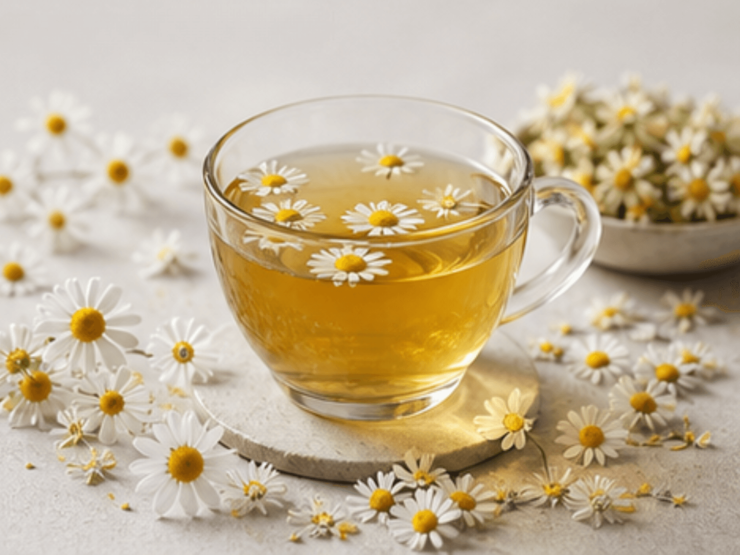 A glass cup of honey-gold chamomile infusion with several chamomile flowers floating on top and more blossoms scattered around in soft pre-evening light.