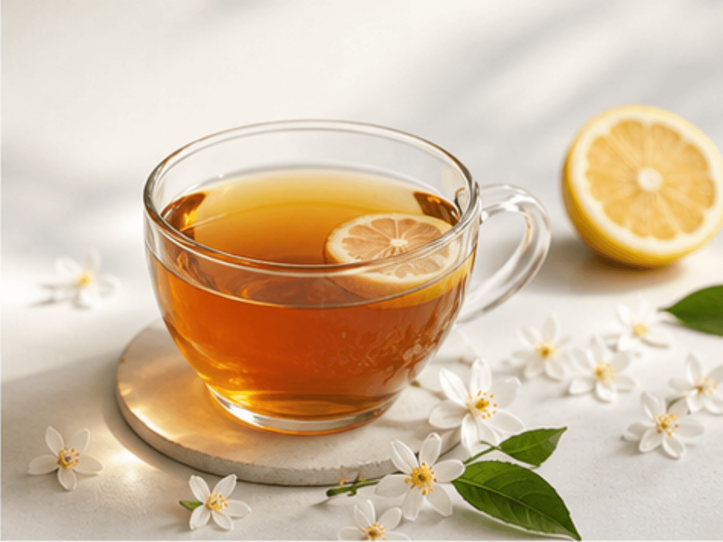 A clear glass cup of amber Earl Grey tea with a citrus slice on the rim and small white blossoms scattered on a wooden tray in airy daylight.
