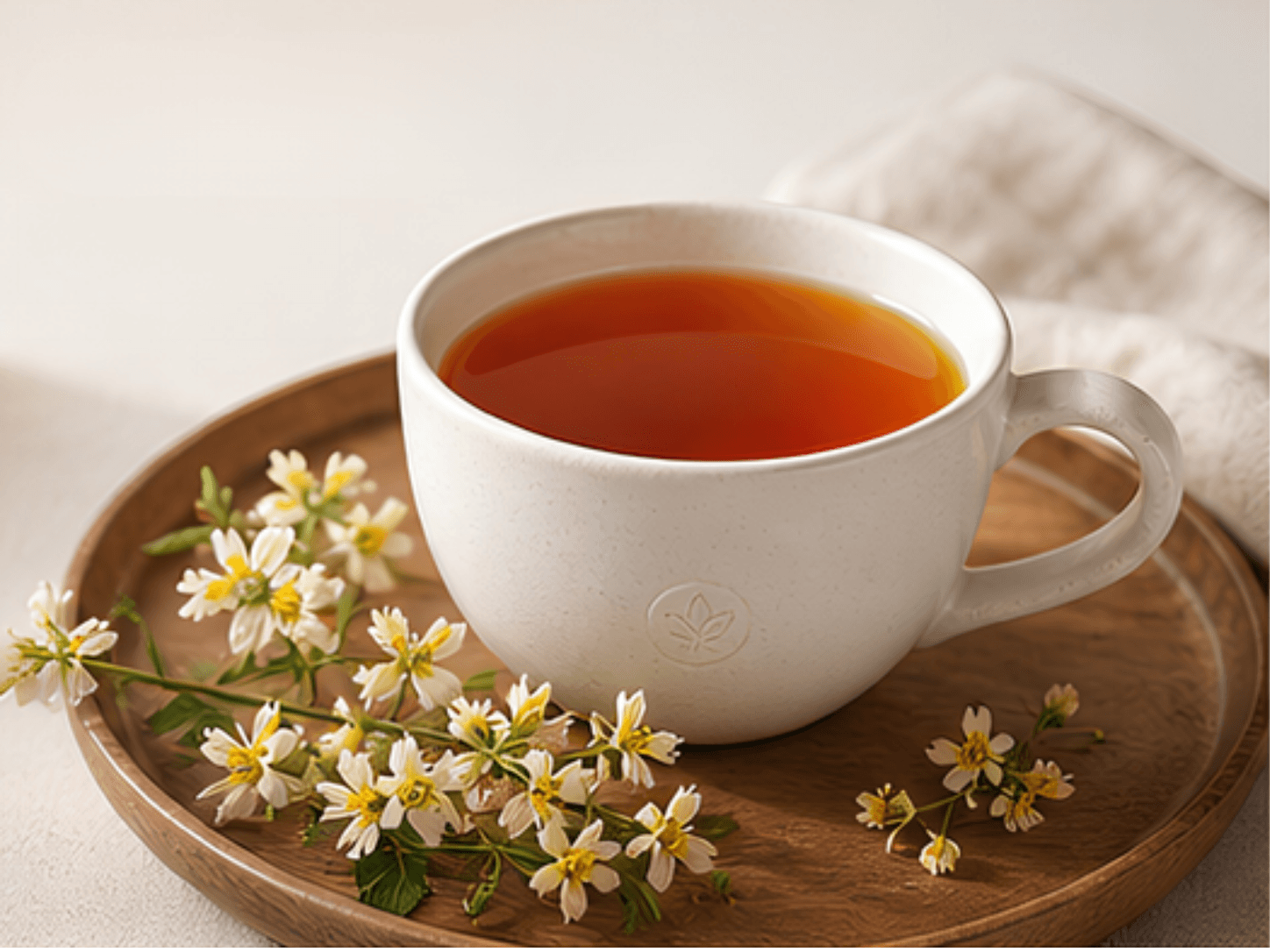 A white ceramic cup of amber Ceylon English Breakfast tea on a wooden tray with small white and pale yellow flowers in soft morning light.