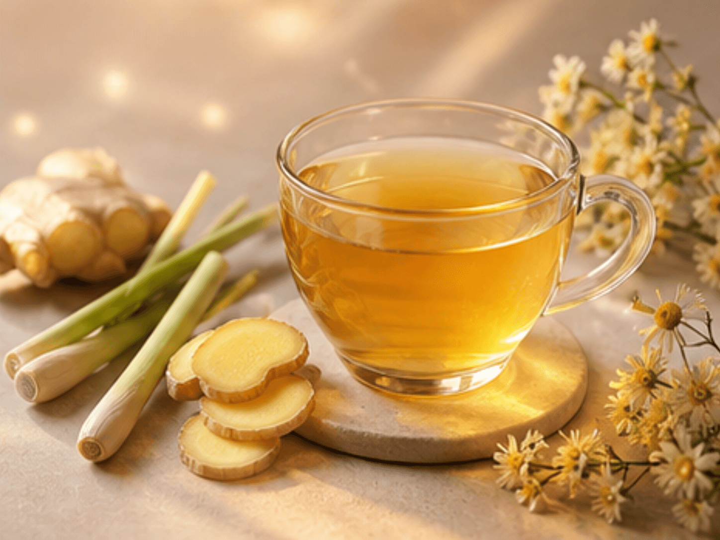 A glass cup of warm golden ginger and lemongrass infusion on a wooden tray, with ginger slices, lemongrass pieces, and small yellow-white wildflowers in evening-warm light.