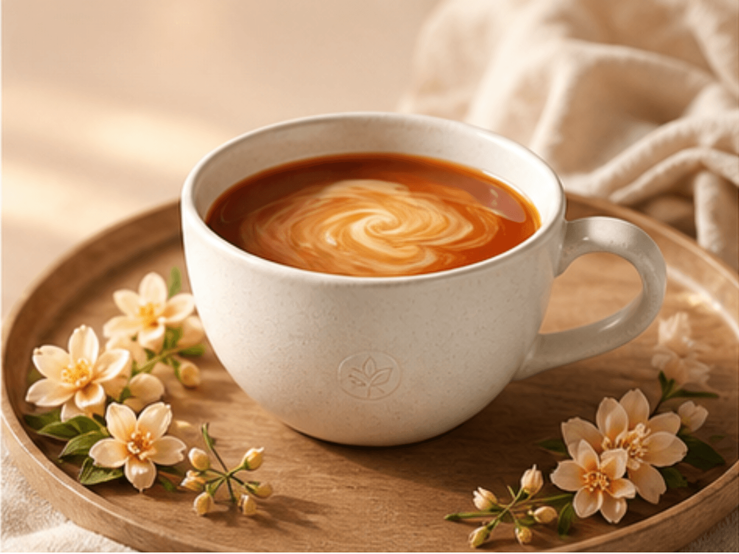 A white ceramic cup of strong Irish Breakfast tea with a splash of milk on a wooden tray, accented with cream and apricot flowers in warm morning light.