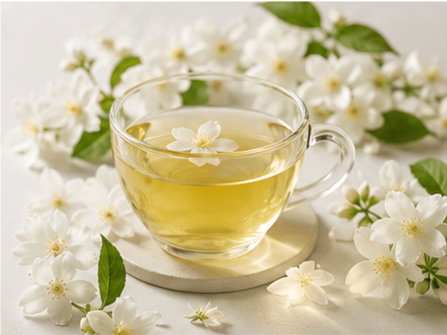A glass cup of pale green jasmine tea on a simple tray with fresh white jasmine flowers arranged around the saucer in soft, ethereal light.
